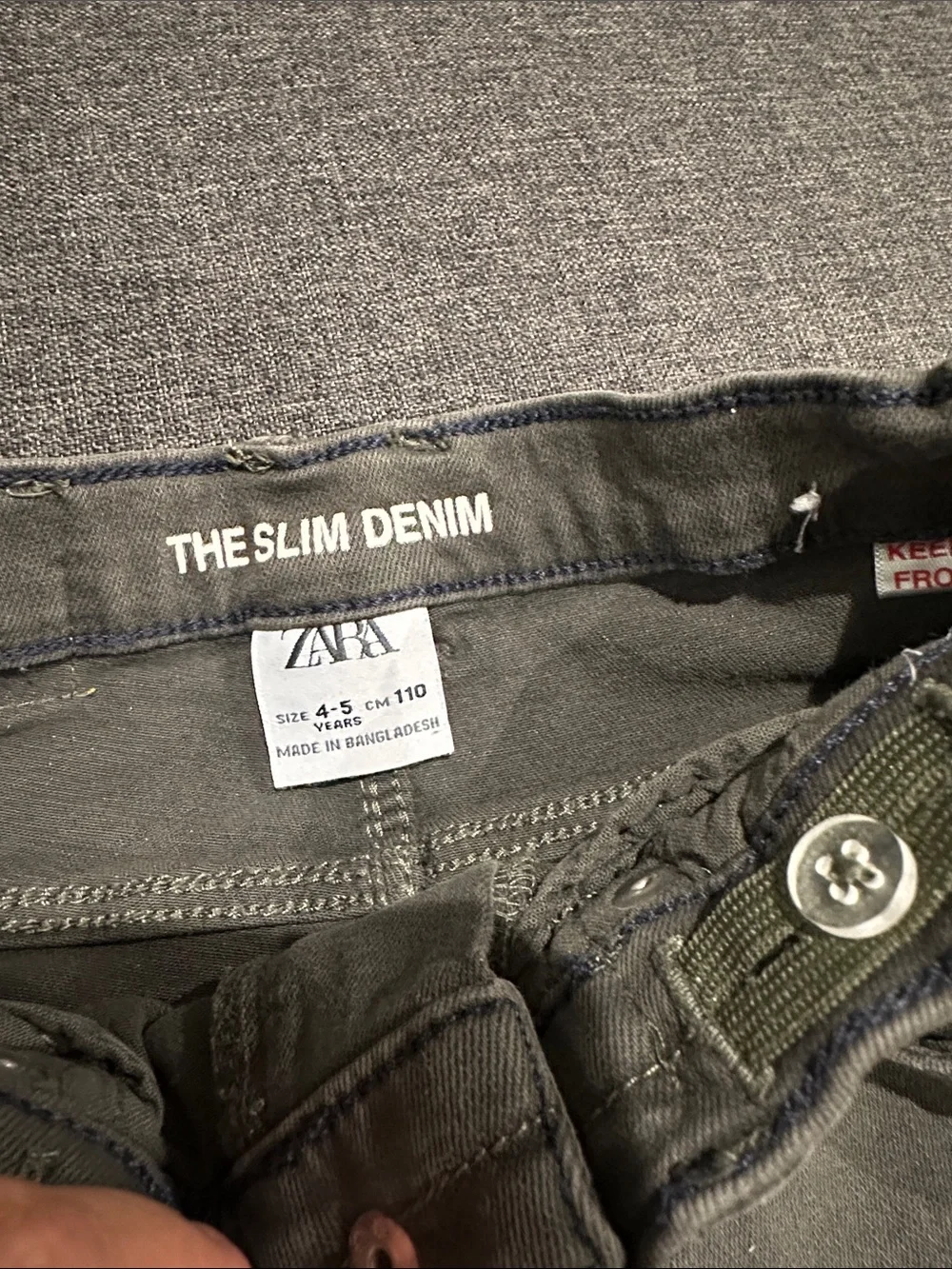 Zara Slim Denim Pants boys Size 4-5 Green Adjustable Waist Stretch Jeans